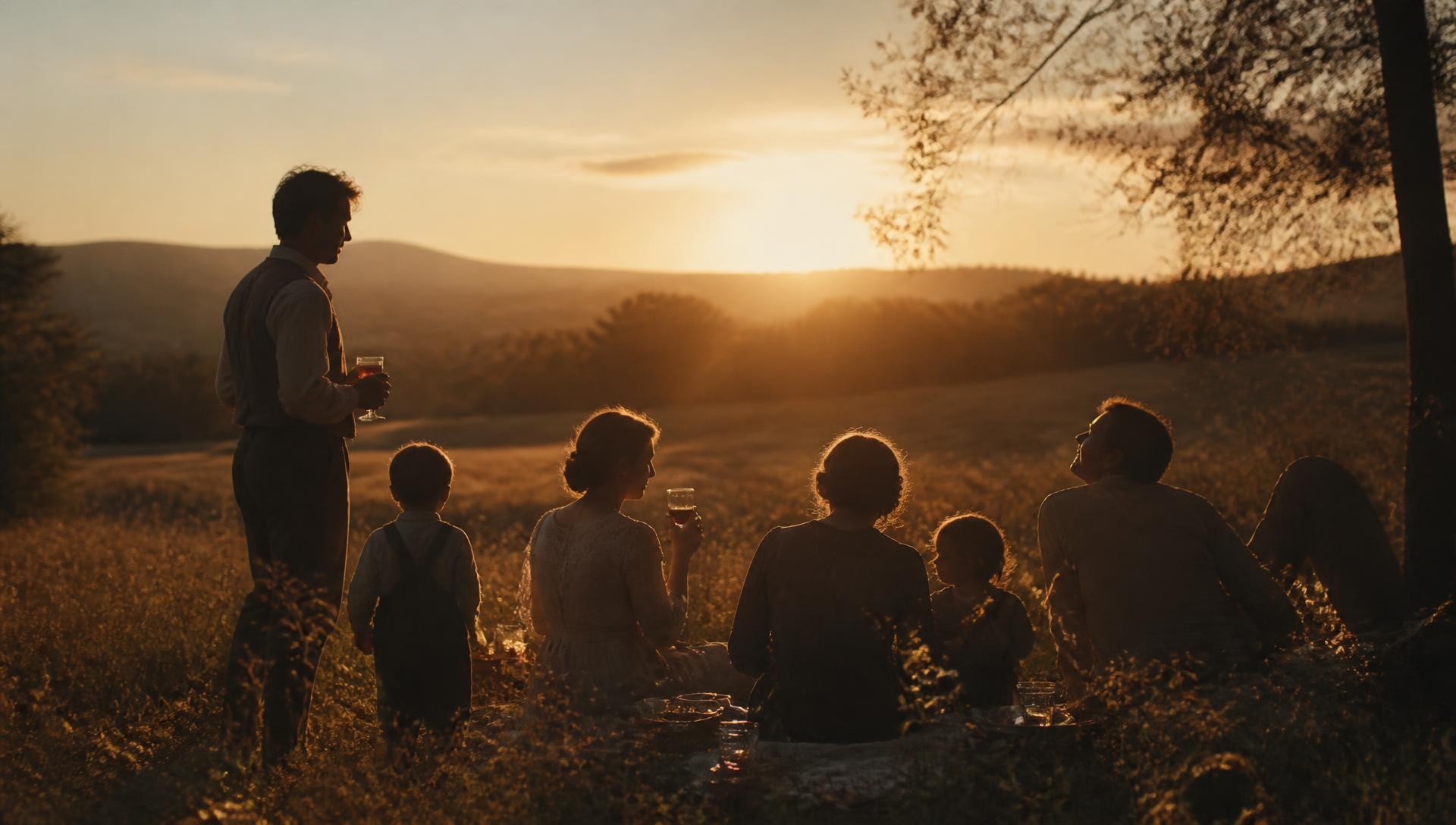 A family gathered together in a golden field at sunset